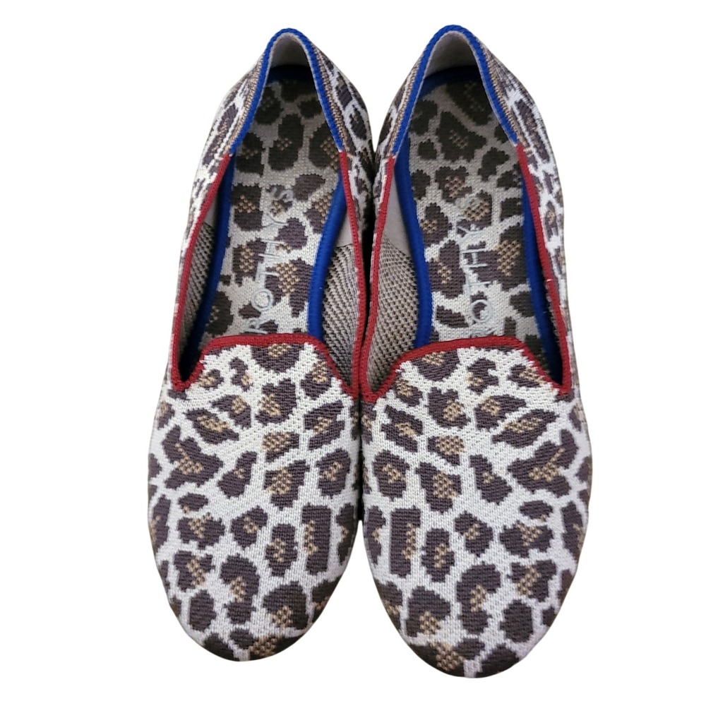 Rothys The Loafer Womens 5.5 Leopard Print Knit Slip On Flat Shoe Brown Red Trim